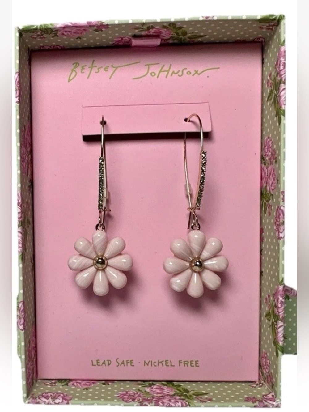 Betsey Johnson Spring Chick Pink Resin Daisy Drop Earrings Crystal Accents NIB